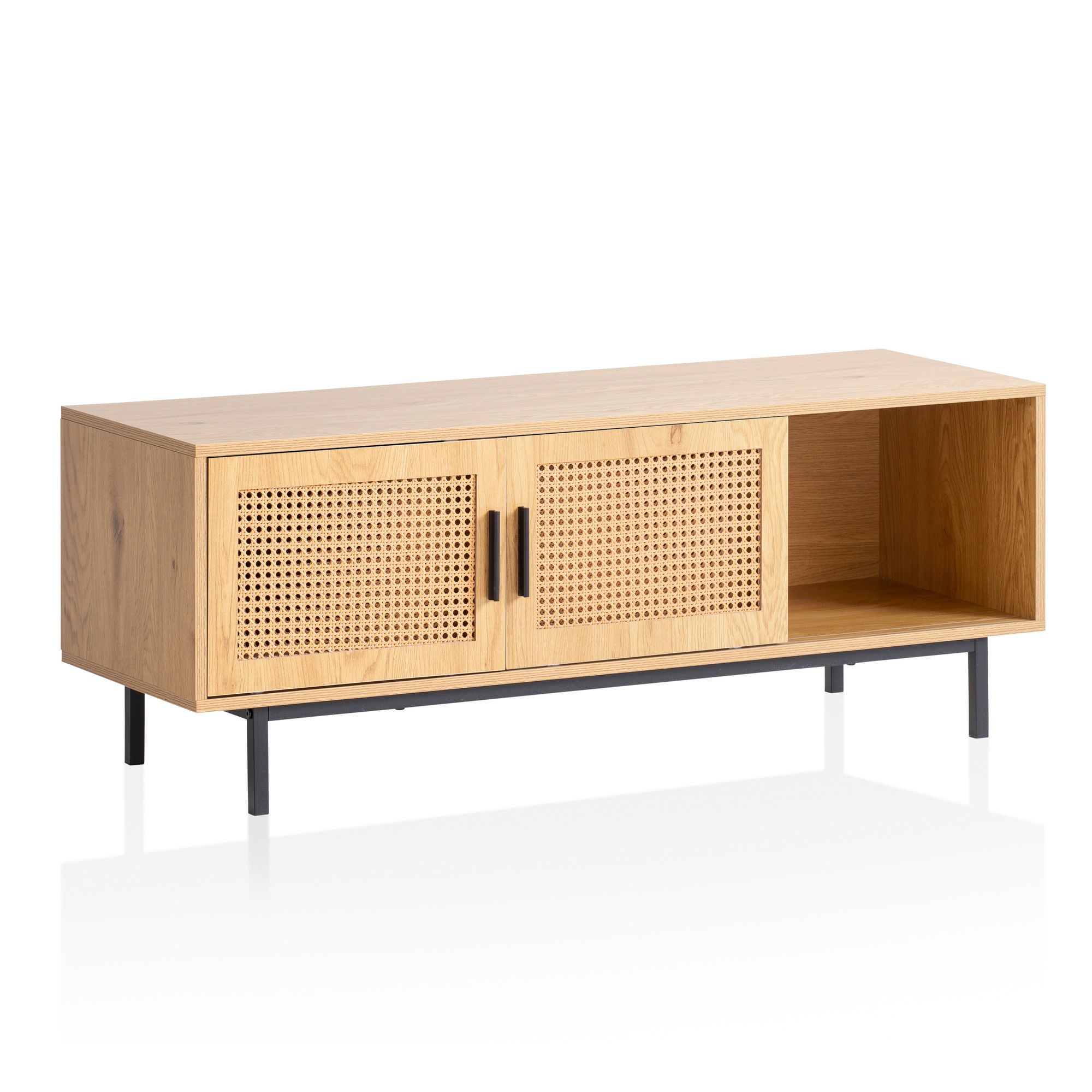 FineBuy Lowboard Eiche-Dekor mit Wiener Geflecht 120x45,5x40 cm TV-Kommode Zeitlos mit Schiebe-Türen, Design TV-Schrank Hoch, Fernsehtisch Fernsehschrank, Fernsehkommode Wohnzimmer Rattan | Farbe: Braun