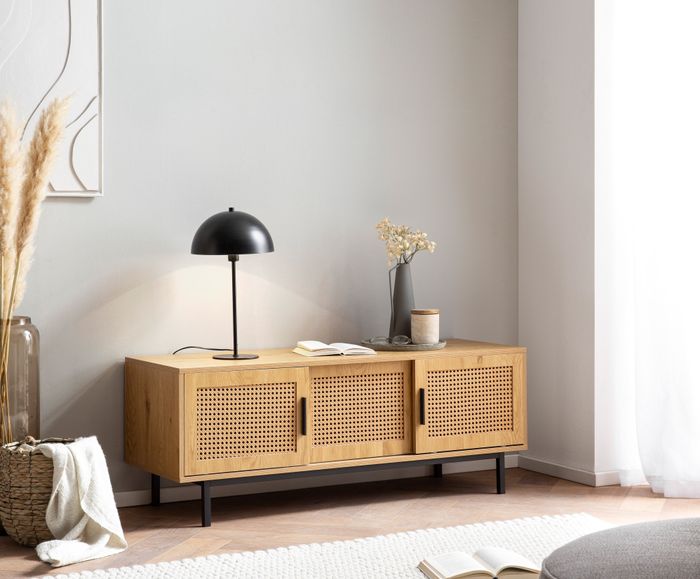 FineBuy Lowboard Eiche-Dekor mit Wiener Geflecht 120x45,5x40 cm TV-Kommode Zeitlos mit Schiebe-Türen, Design TV-Schrank Hoch, Fernsehtisch Fernsehschrank, Fernsehkommode Wohnzimmer Rattan