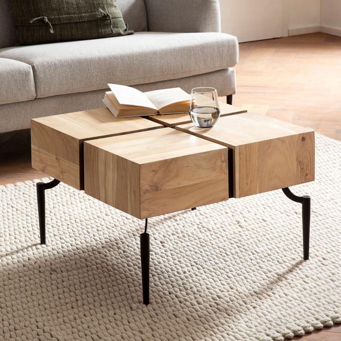 FineBuy Couchtisch Massivholz 60x60x40 cm Quadratisch mit Metallgestell, Kleiner Sofatisch Würfel-Form, Wohnzimmertisch Couch Modern, Kaffeetisch Cube