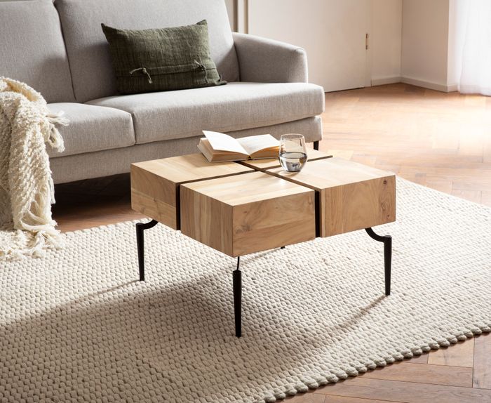 FineBuy Couchtisch Massivholz 60x60x40 cm Quadratisch mit Metallgestell, Kleiner Sofatisch Würfel-Form, Wohnzimmertisch Couch Modern, Kaffeetisch Cube