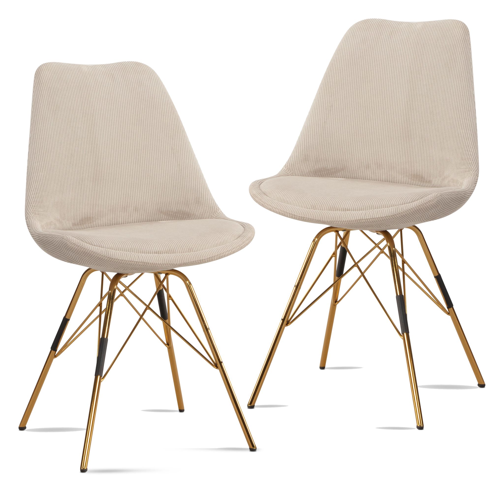 FineBuy Esszimmerstuhl 2er Set Cara-Stoff Küchenstuhl mit goldenen Beinen, Cord-Schalenstuhl Skandinavisches Design, Polsterstuhl mit Stoffbezug, Stuhl Gepolstert | Farbe: Beige