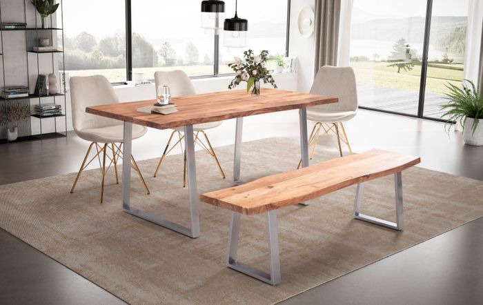FineBuy Esszimmertisch Akazie Massivholz / Metall Esstisch Baumkante, Küchentisch Massiv mit Trapezbeinen in Chrom, Holztisch Speisetisch Esszimmer Rechteckig