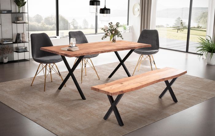 FineBuy Esszimmertisch Akazie Massivholz / Metall Esstisch Baumkante, Küchentisch Massiv mit X-Beinen in Schwarz, Holztisch Speisetisch Esszimmer Rechteckig