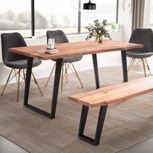 FineBuy Esszimmertisch 120x60x76 cm Akazie Massivholz / Metall Esstisch Baumkante, Küchentisch Massiv mit U-Beinen in Schwarz, Holztisch Speisetisch Esszimmer Rechteckig