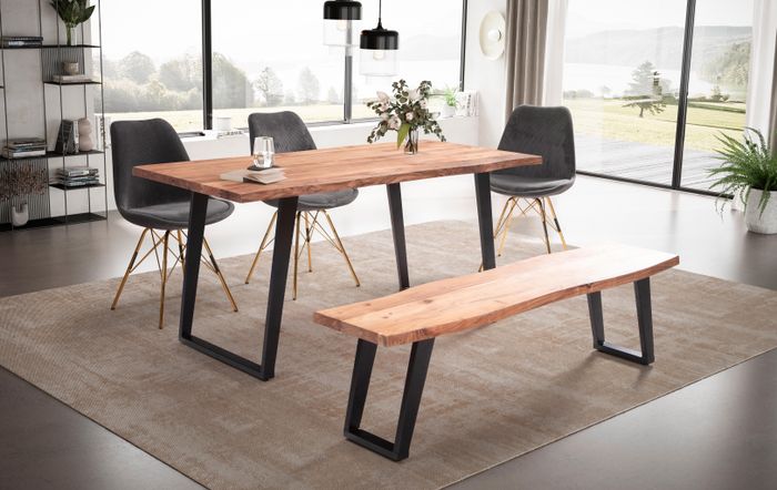 FineBuy Esszimmertisch Akazie Massivholz / Metall Esstisch Baumkante, Küchentisch Massiv mit U-Beinen in Schwarz, Holztisch Speisetisch Esszimmer Rechteckig