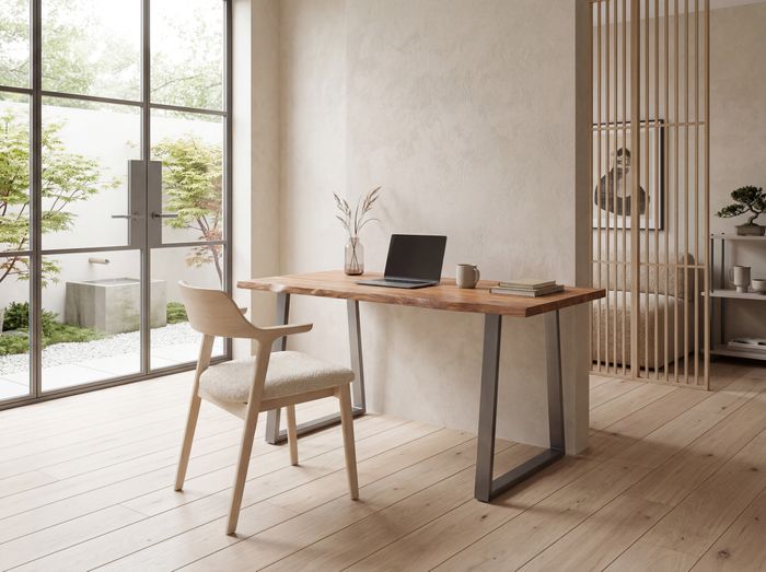 FineBuy Schreibtisch Akazie Massivholz / Metall Computertisch Baumkante, Homeoffice Bürotisch Massiv mit Trapezbeinen in Chrom, Holztisch Laptoptisch Arbeitszimmer