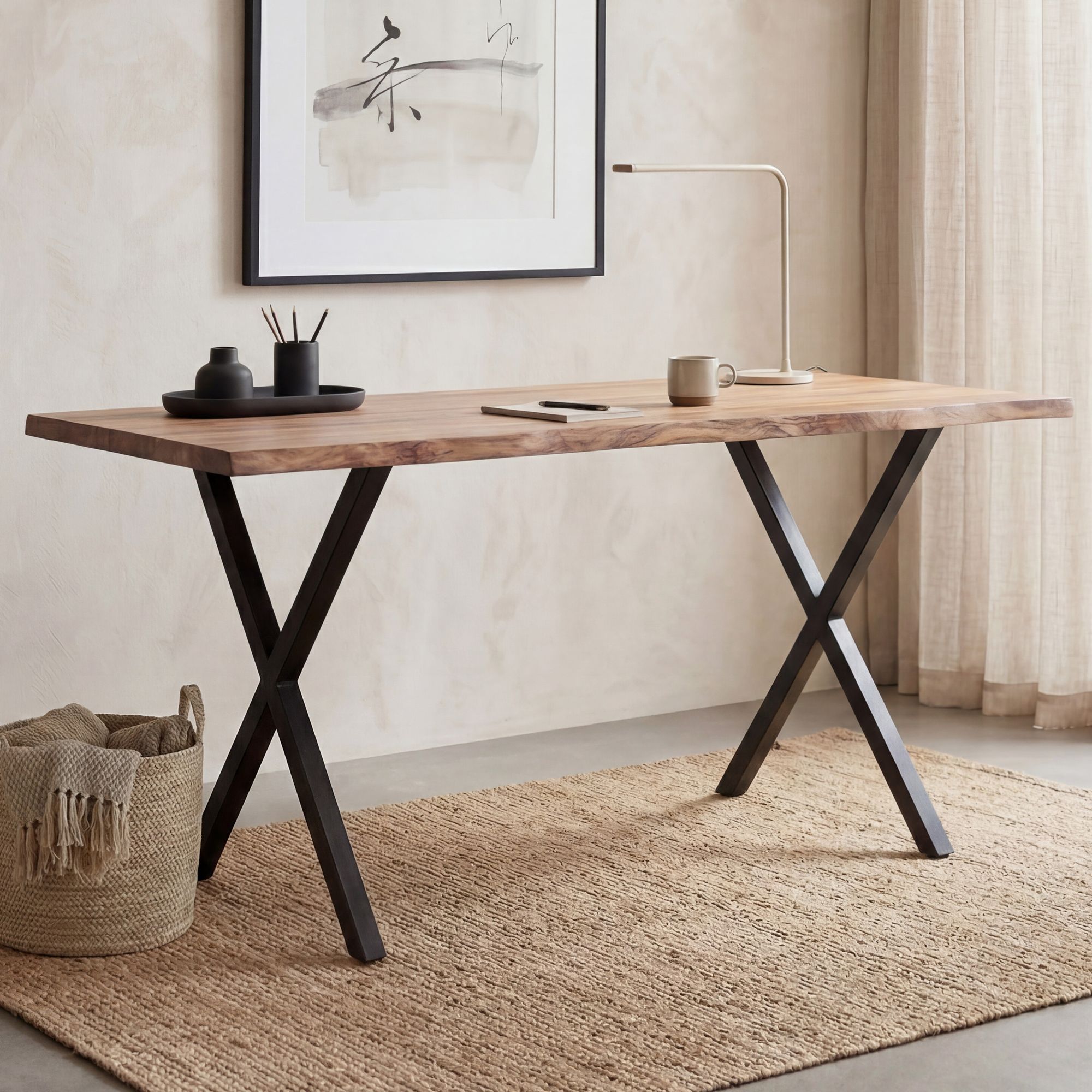 Schreibtisch FineBuy 120 cm Akazie Massivholz Bürotisch Computertisch Baumkante – Ansicht 1