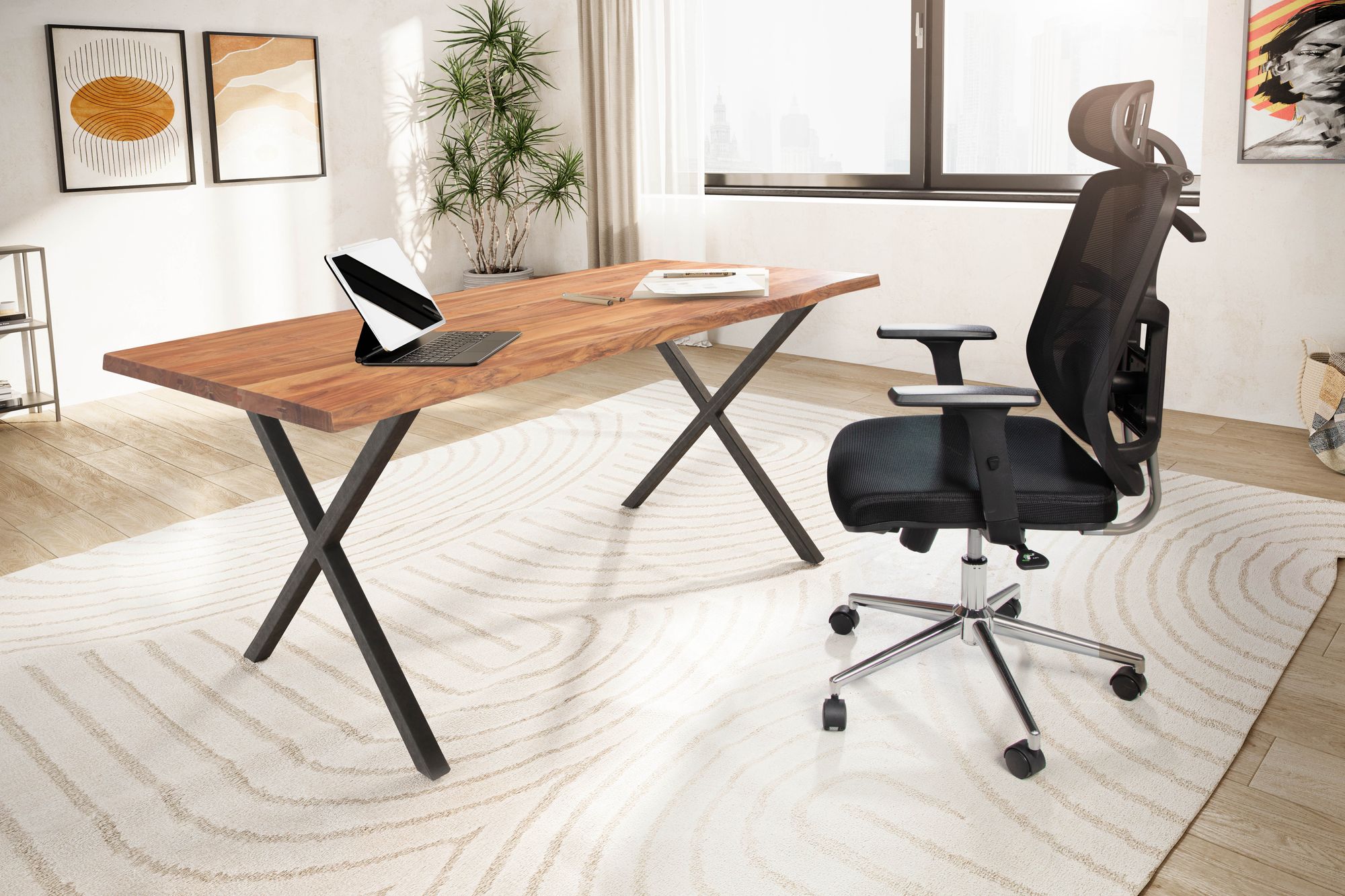 FineBuy Schreibtisch Akazie Massivholz / Metall Computertisch Baumkante, Homeoffice Bürotisch Massiv mit X-Beinen in Schwarz, Holztisch Laptoptisch Arbeitszimmer | Farbe: Braun