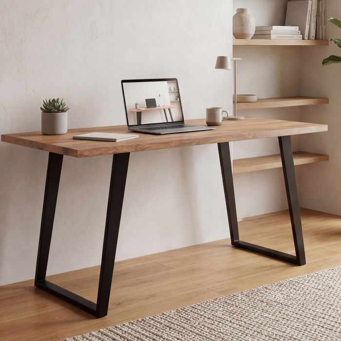 FineBuy Schreibtisch Akazie Massivholz / Metall Computertisch Baumkante, Homeoffice Bürotisch Massiv mit U-Beinen in Schwarz, Holztisch Laptoptisch Arbeitszimmer