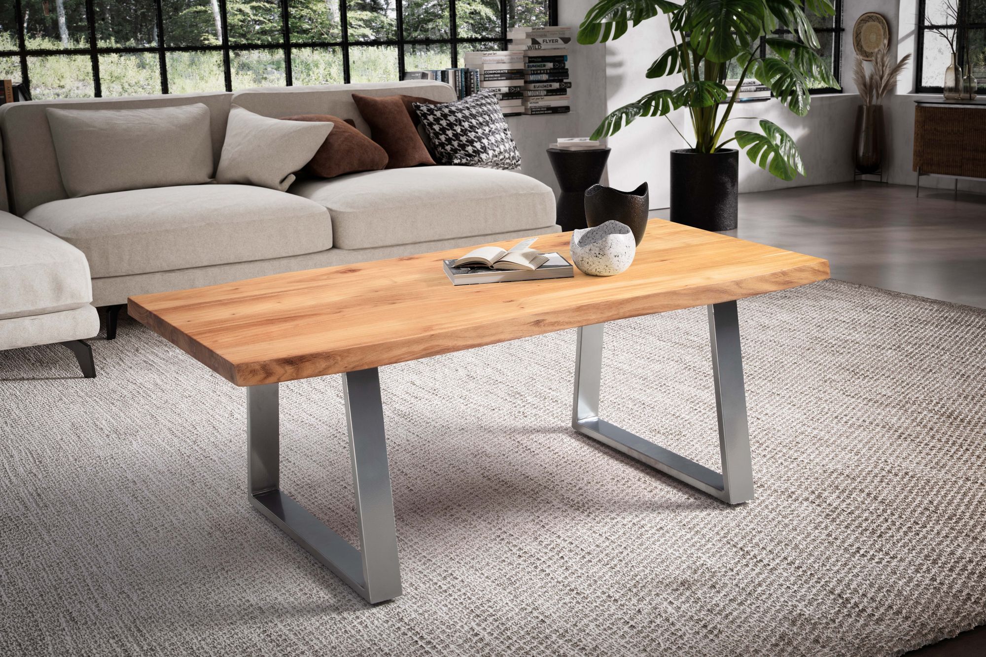 Couchtisch FineBuy Sofatisch 120 cm Massivholz Chrom Wohnzimmertisch Baumkante – Ansicht 2