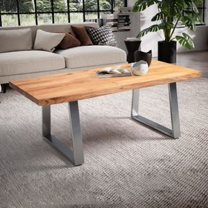 FineBuy Couchtisch 120x60x46 cm Akazie Massivholz / Metall Baumkante, Design Wohnzimmertisch Rechteckig, Sofatisch Stubentisch Braun, Kaffeetisch mit Trapezbeinen in Chrom