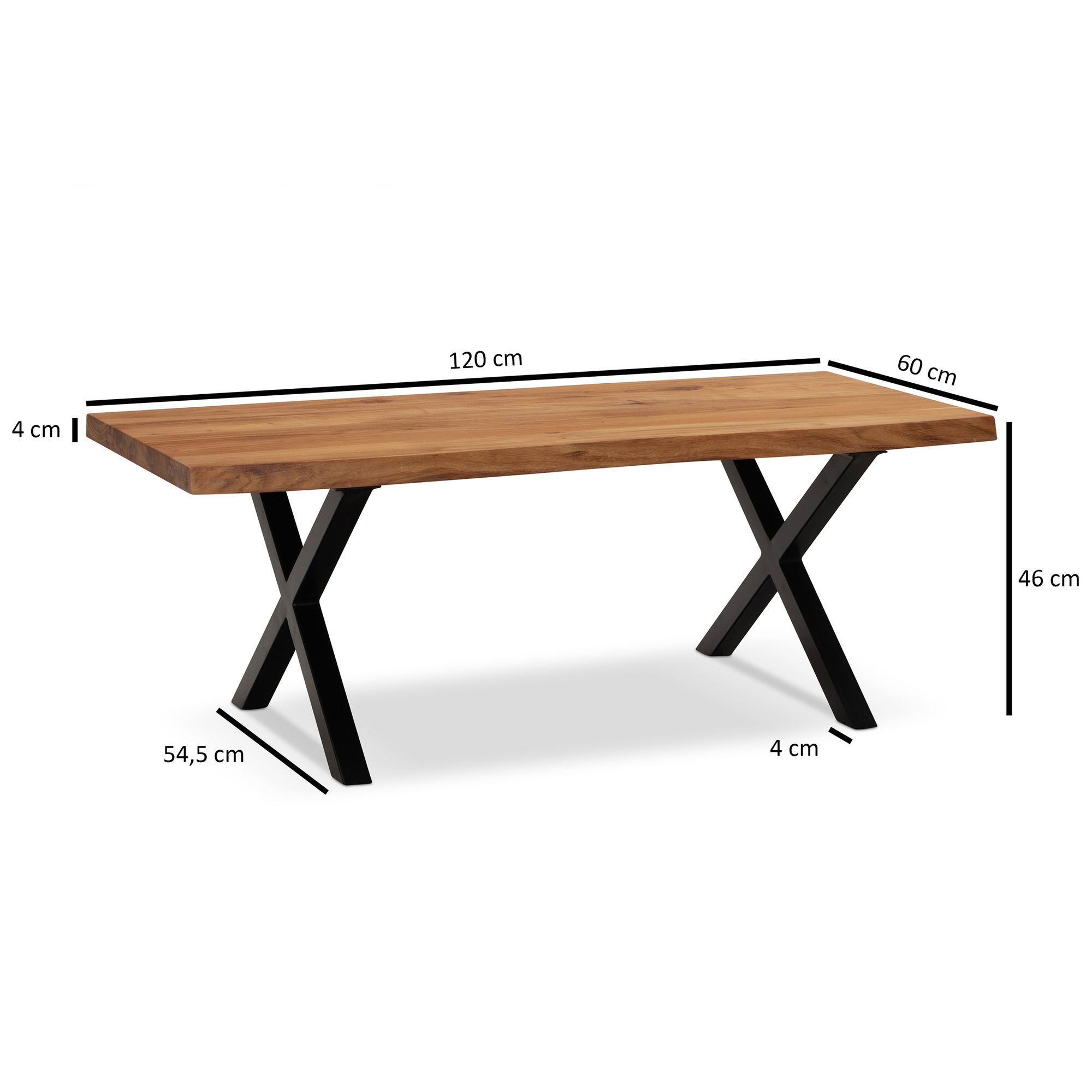 FineBuy Couchtisch Akazie Massivholz 120 cm rechteckig  · Wohnzimmertisch mit natürlicher Baumkante und schwarzem X-Gestell aus Metall · Handgefertigter Industrial Tisch | Farbe: Braun