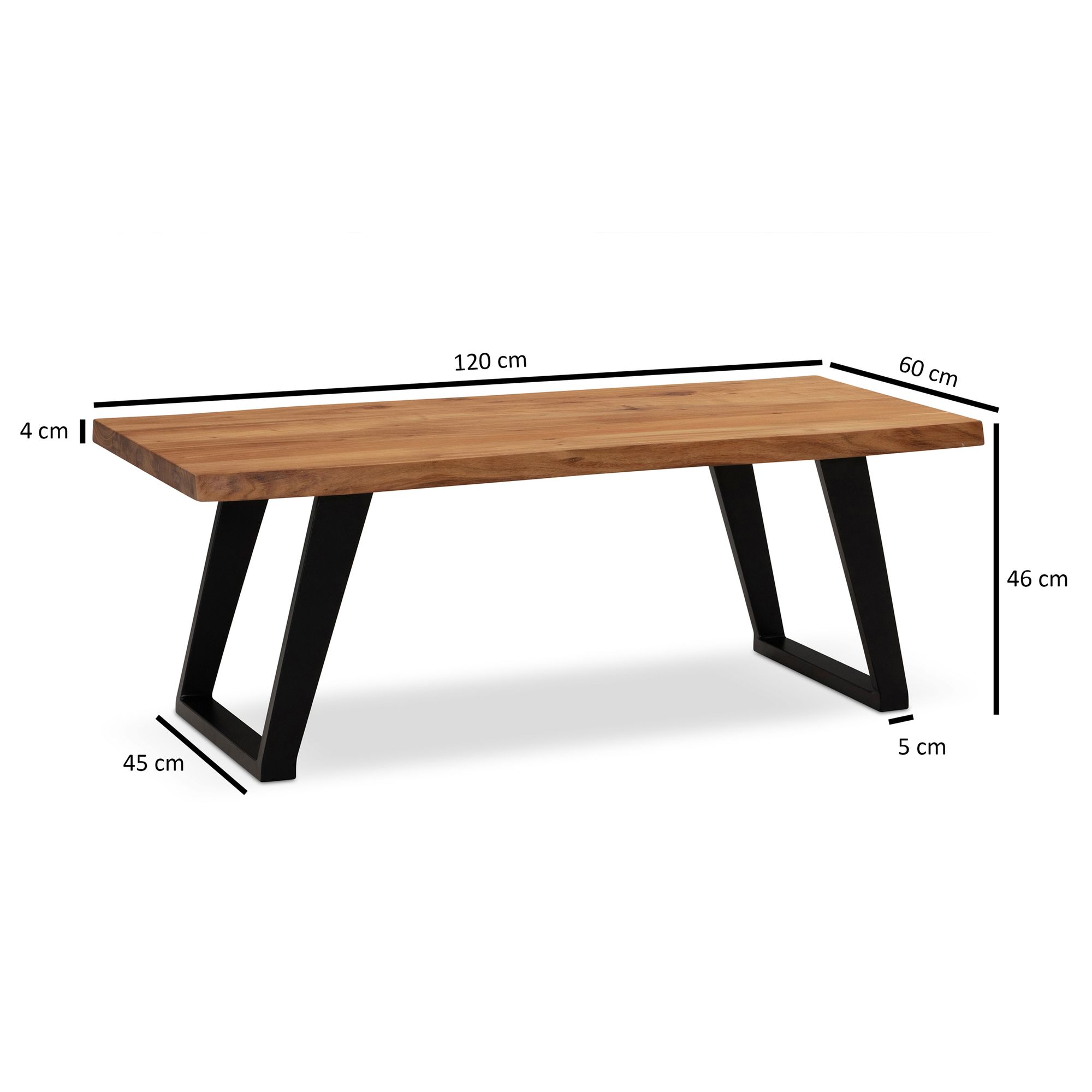 FineBuy Couchtisch 120x60x46 cm Akazie Massivholz / Metall Baumkante, Design Wohnzimmertisch Rechteckig, Sofatisch Stubentisch Braun, Kaffeetisch mit schwarzen Beinen in U-Form | Farbe: Braun