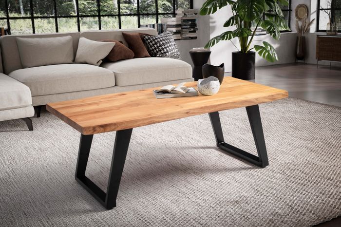 FineBuy Couchtisch 120x60x46 cm Akazie Massivholz / Metall Baumkante, Design Wohnzimmertisch Rechteckig, Sofatisch Stubentisch Braun, Kaffeetisch mit schwarzen Beinen in U-Form