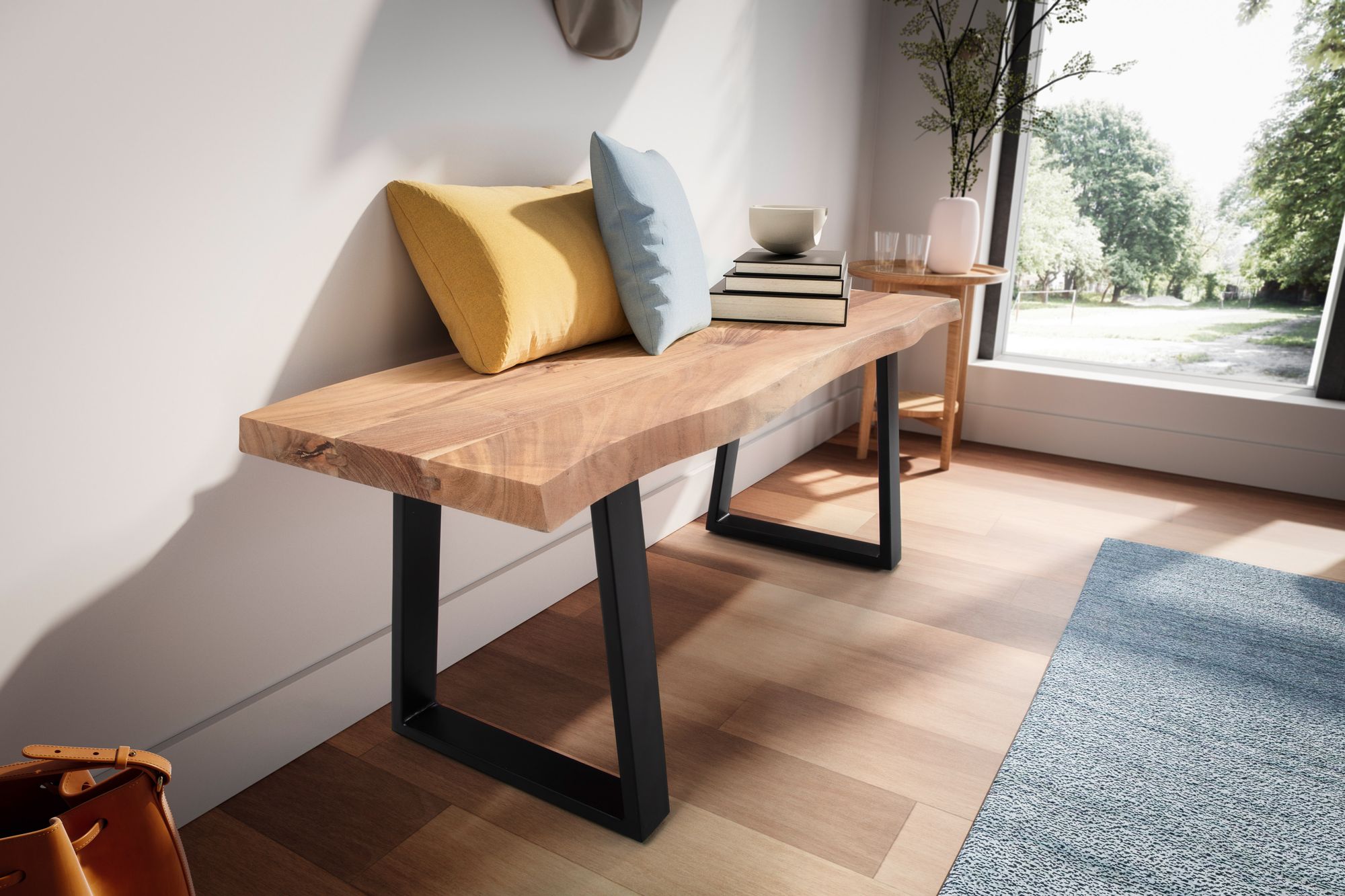 FineBuy Sitzbank 120 cm Massivholz ohne Lehne Baumkante Akazie - Bank für Garderobe - Garderobenbank - Flurbank Holzbank Handmade Gestell Schwarz | Farbe: Braun