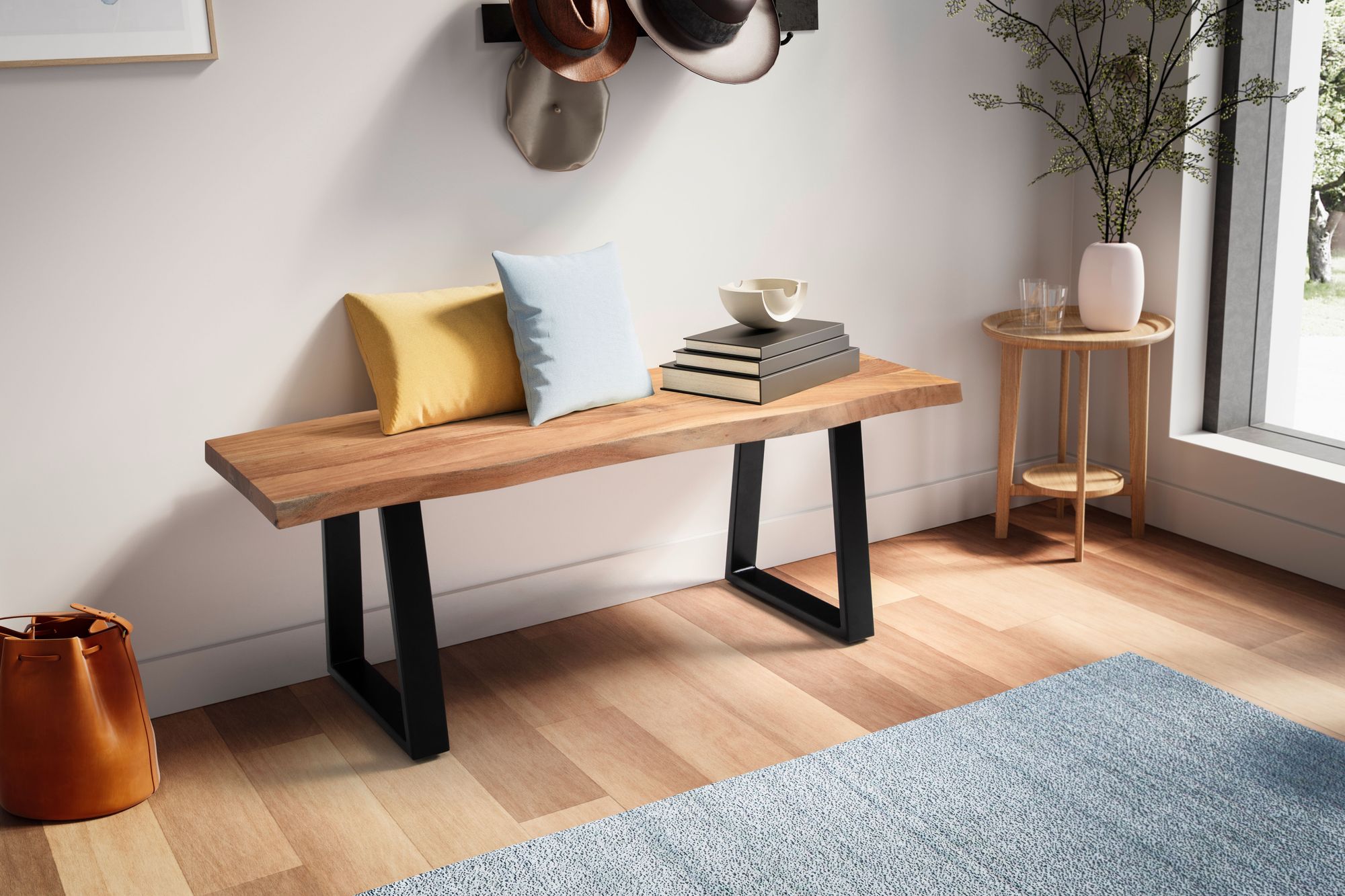 FineBuy Sitzbank 120 cm Massivholz ohne Lehne Baumkante Akazie - Bank für Garderobe - Garderobenbank - Flurbank Holzbank Handmade Gestell Schwarz | Farbe: Braun