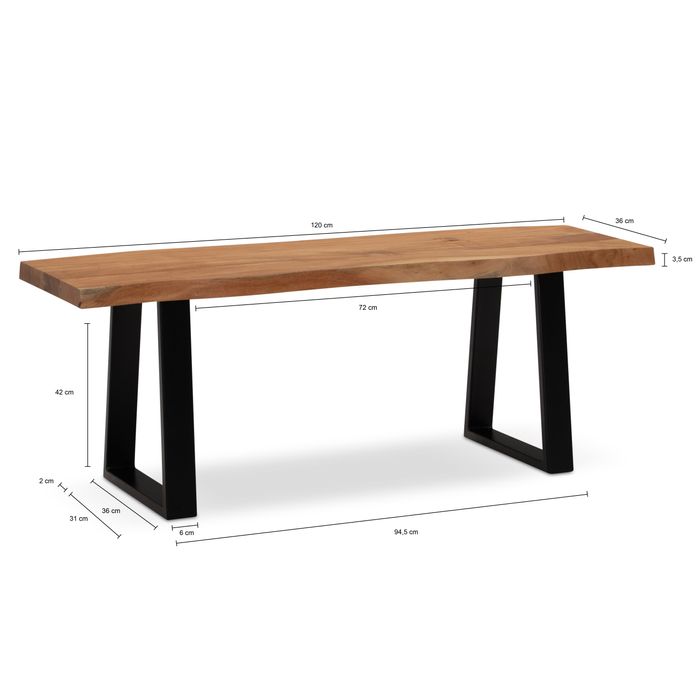 Garderobenbank FineBuy Sitzbank Akazie Massivholz 120 cm Baumkante Flurbank – Maßzeichnung