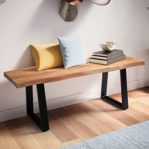 FineBuy Garderobenbank 120x40x45,5 cm Akazie Massivholz / Metall mit Baumkante, Sitzbank Flur Holzbank Massiv ohne Lehne, Flurbank Modern, Dielenbank Eingangsbereich Klein Trapezbeine Schwarz