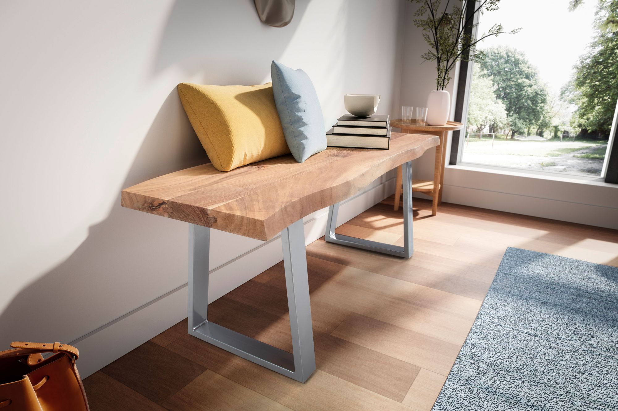 FineBuy Sitzbank 120 cm Massivholz ohne Lehne Baumkante Akazie - Bank für Garderobe - Garderobenbank - Flurbank Holzbank Trapez- Gestell Silber | Farbe: Braun