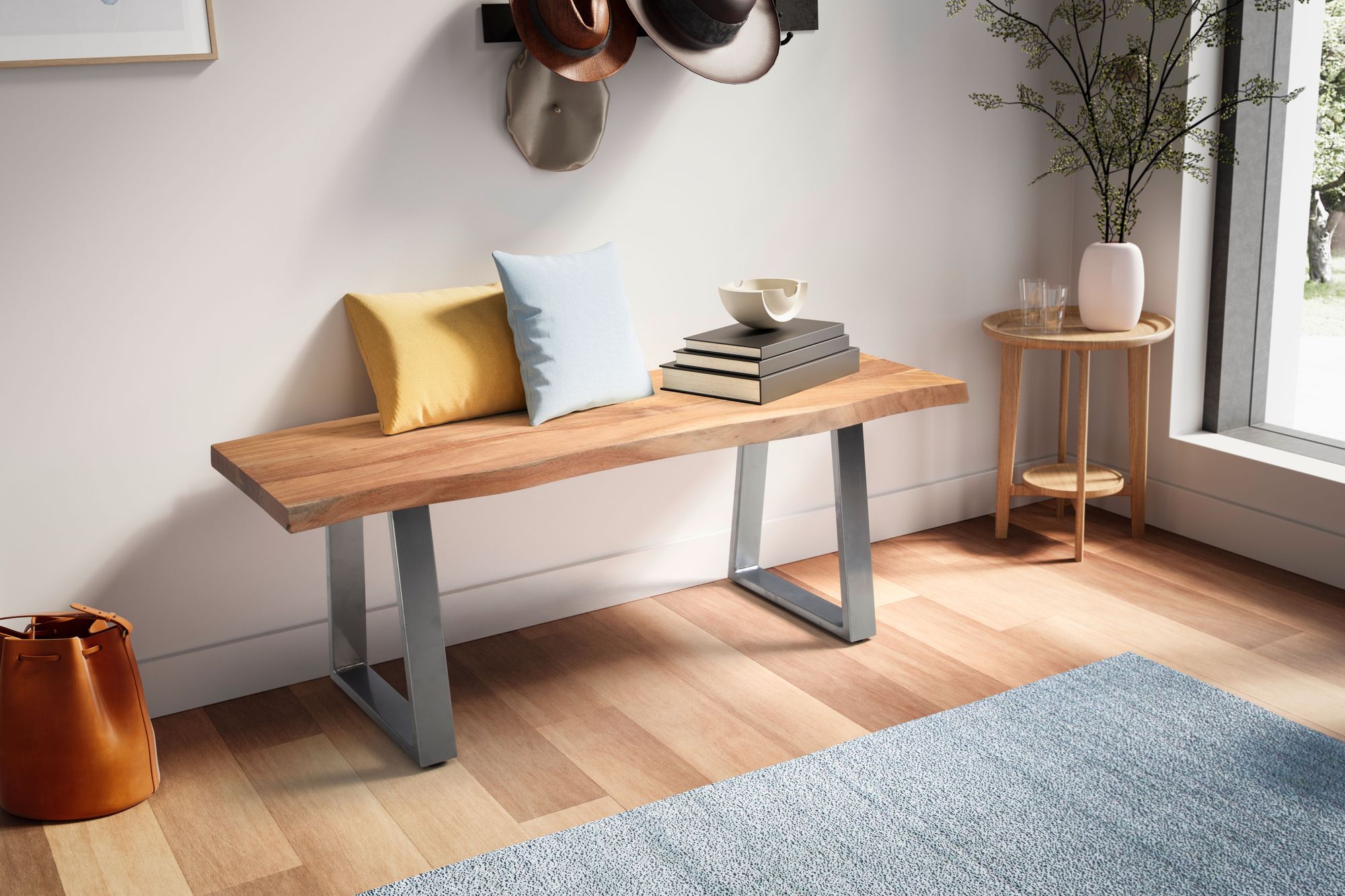 FineBuy Sitzbank 120 cm Massivholz ohne Lehne Baumkante Akazie - Bank für Garderobe - Garderobenbank - Flurbank Holzbank Trapez- Gestell Silber | Farbe: Braun