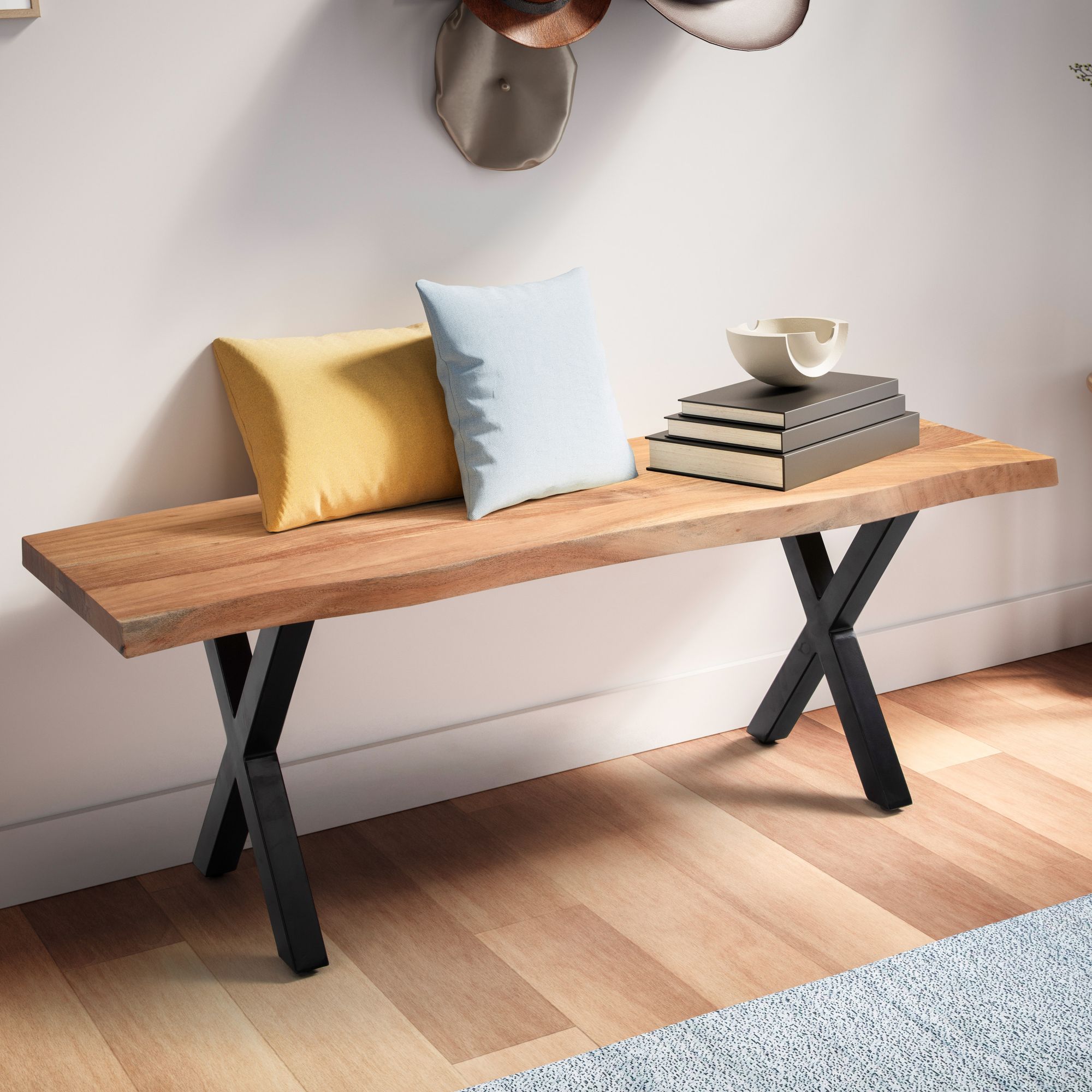 FineBuy Sitzbank 120 cm Massivholz ohne Lehne Baumkante Akazie - Bank für Garderobe - Garderobenbank - Flurbank Holzbank X- Gestell Schwarz | Farbe: Braun