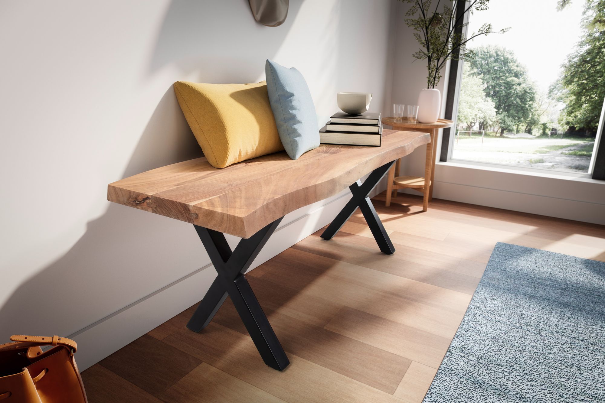 FineBuy Sitzbank 120 cm Massivholz ohne Lehne Baumkante Akazie - Bank für Garderobe - Garderobenbank - Flurbank Holzbank X- Gestell Schwarz | Farbe: Braun