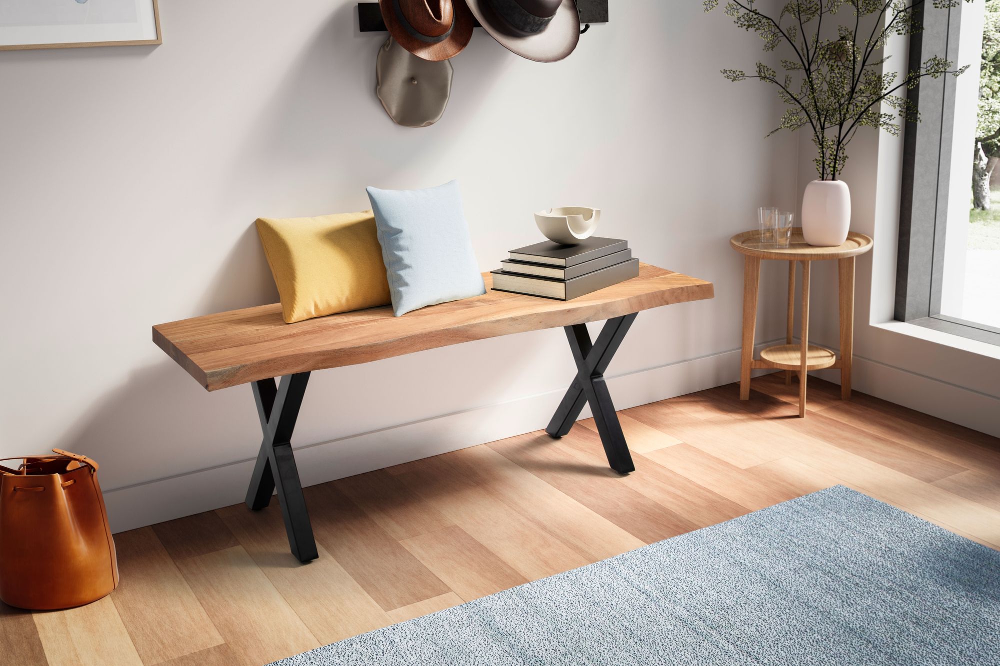 FineBuy Sitzbank 120 cm Massivholz ohne Lehne Baumkante Akazie - Bank für Garderobe - Garderobenbank - Flurbank Holzbank X- Gestell Schwarz | Farbe: Braun