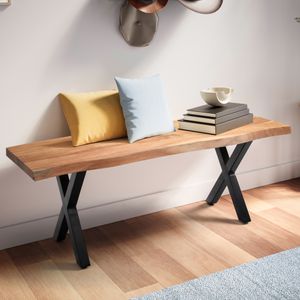 FineBuy Garderobenbank 120x40x45,5 cm Akazie Massivholz / Metall mit Baumkante, Sitzbank Flur Holzbank Massiv ohne Lehne, Flurbank Modern Eingangsbereich Klein X-Beine Schwarz