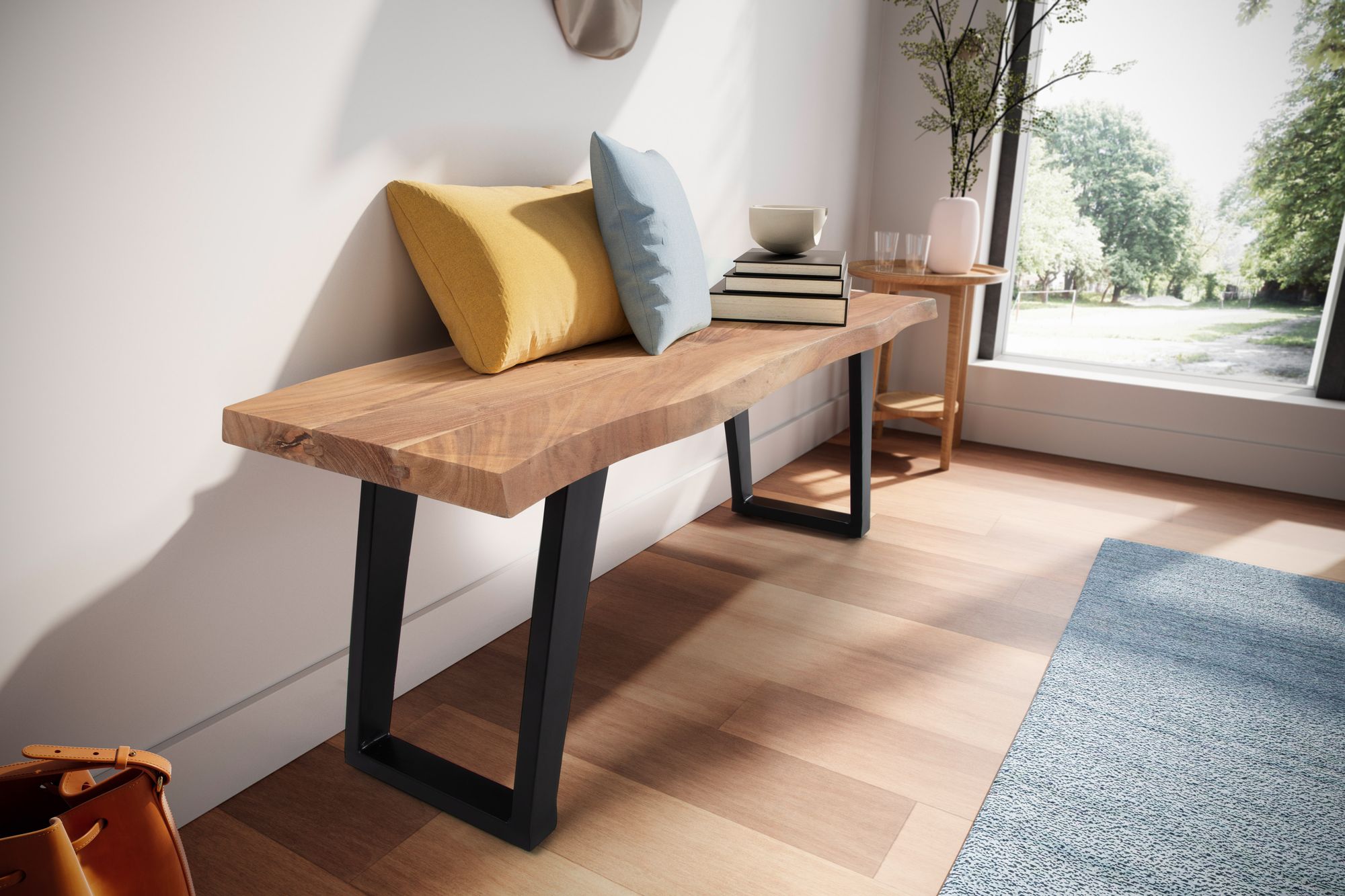 FineBuy Sitzbank 120 cm Massivholz ohne Lehne Baumkante Akazie - Bank für Garderobe - Garderobenbank - Flurbank Holzbank Handmade - Gestell Schwarz | Farbe: Braun