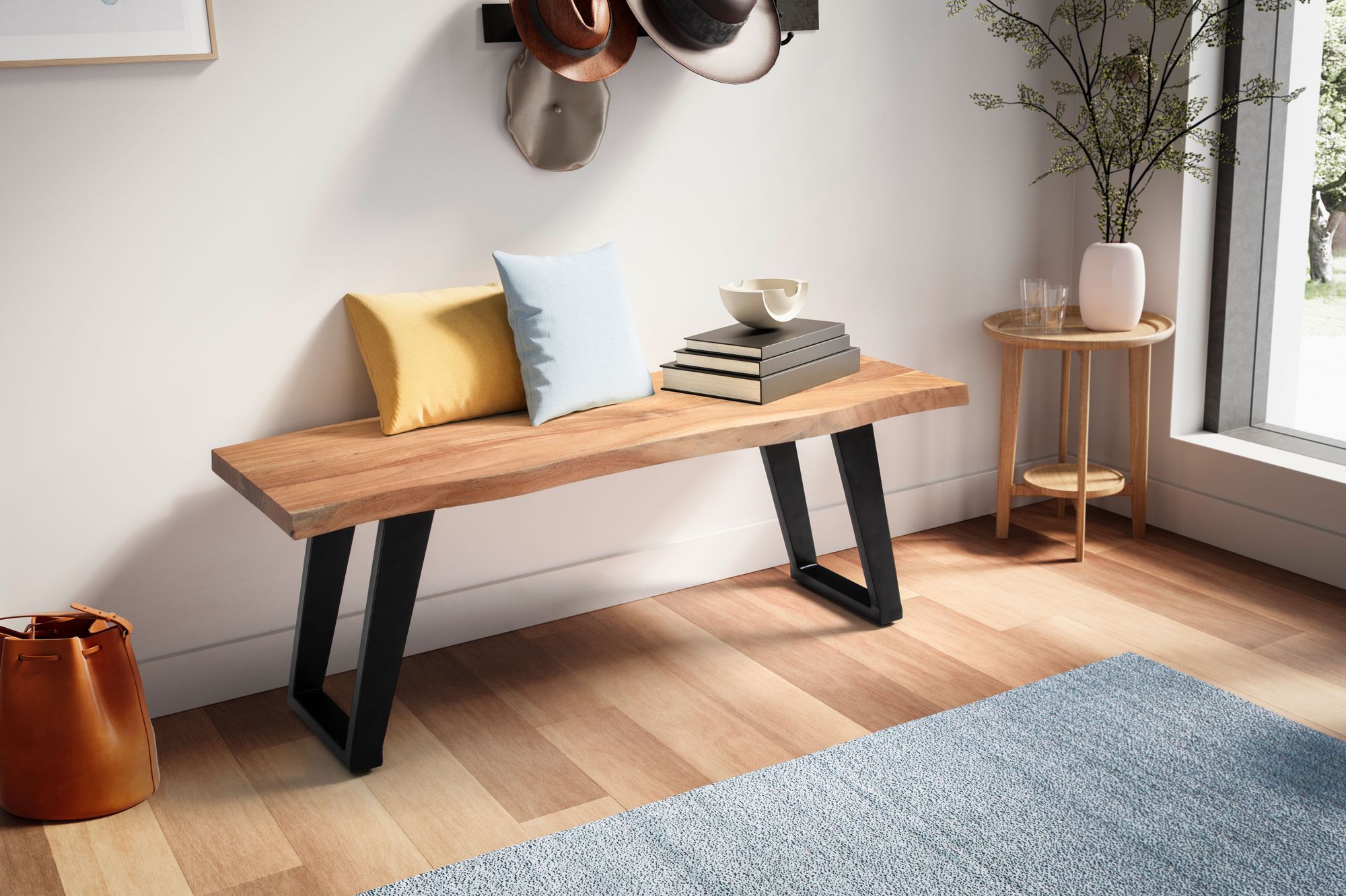 FineBuy Sitzbank 120 cm Massivholz ohne Lehne Baumkante Akazie - Bank für Garderobe - Garderobenbank - Flurbank Holzbank Handmade - Gestell Schwarz | Farbe: Braun