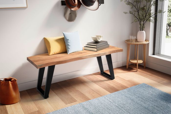FineBuy Garderobenbank 120x40x45,5 cm Akazie Massivholz / Metall mit Baumkante, Sitzbank Flur Holzbank Massiv ohne Lehne, Flurbank Modern Eingangsbereich Klein U-Beine Schwarz