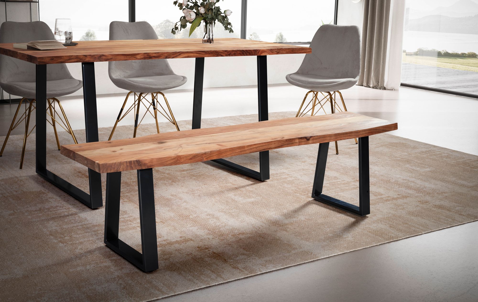 FineBuy Esszimmerbank 180x40x45,5 cm Akazie Massivholz / Metall mit Baumkante, Esstischbank Holzbank Massiv ohne Lehne, Küchenbank Essbank Modern, Sitzbank Esszimmer Groß | Farbe: Braun