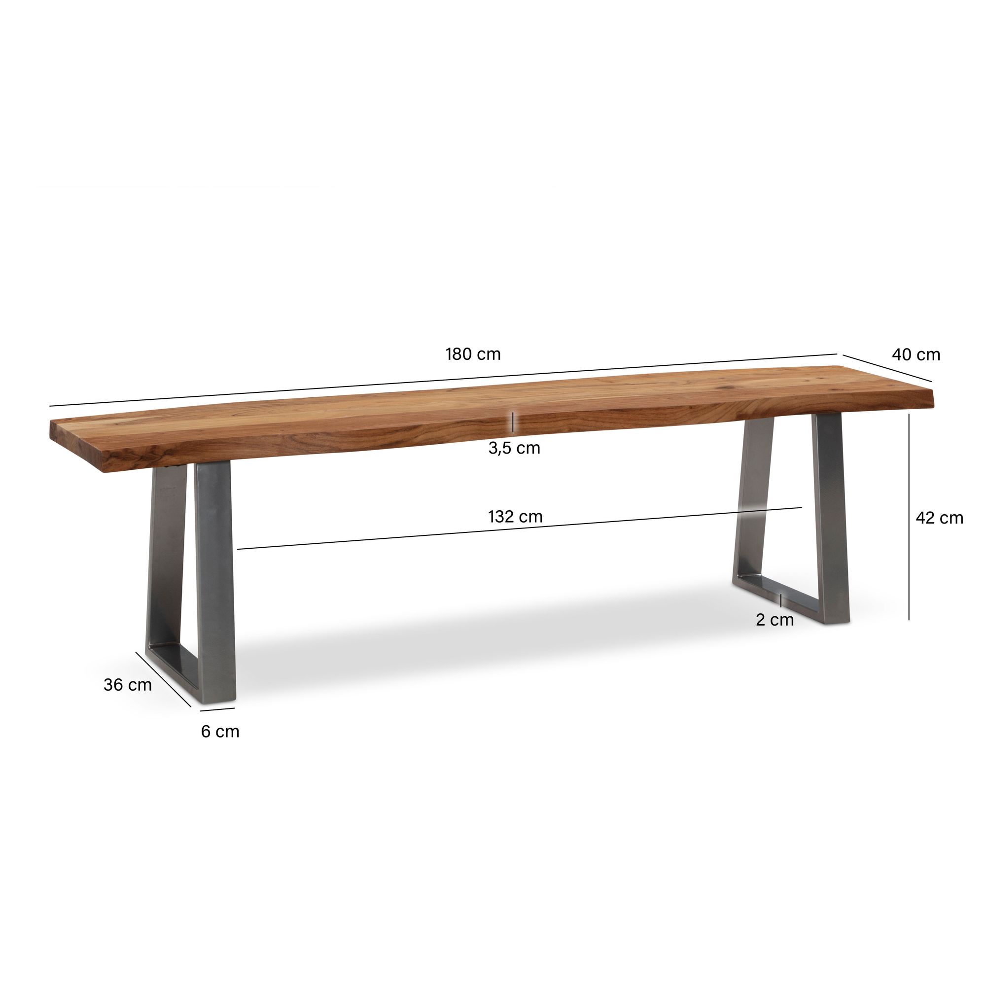 FineBuy Esszimmerbank 180x40x45,5 cm Akazie Massivholz / Metall mit Baumkante, Esstischbank Holzbank Massiv ohne Lehne, Küchenbank Chrom Essbank Modern, Sitzbank Esszimmer Groß | Farbe: