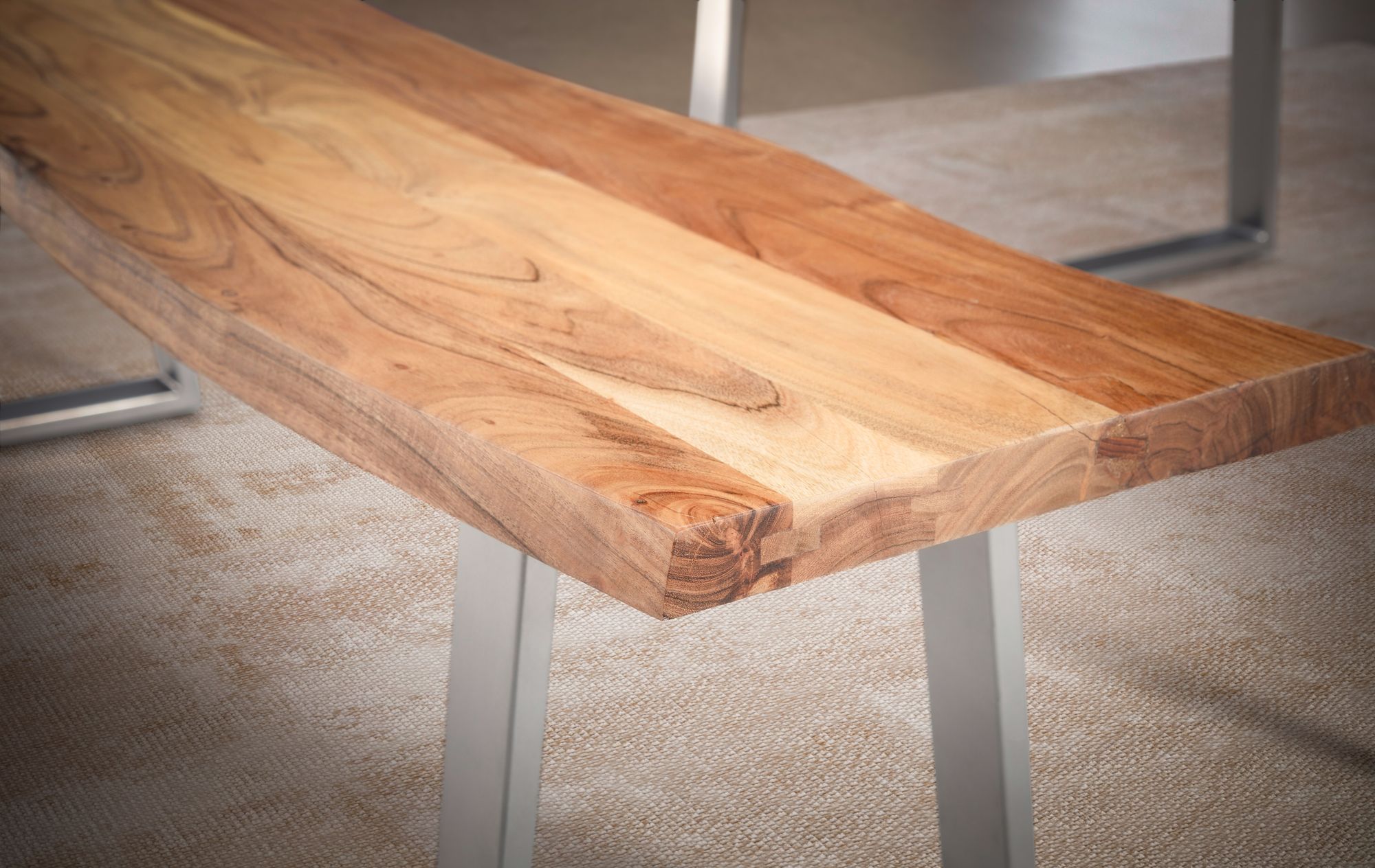 FineBuy Esszimmerbank 180x40x45,5 cm Akazie Massivholz / Metall mit Baumkante, Esstischbank Holzbank Massiv ohne Lehne, Küchenbank Chrom Essbank Modern, Sitzbank Esszimmer Groß | Farbe: