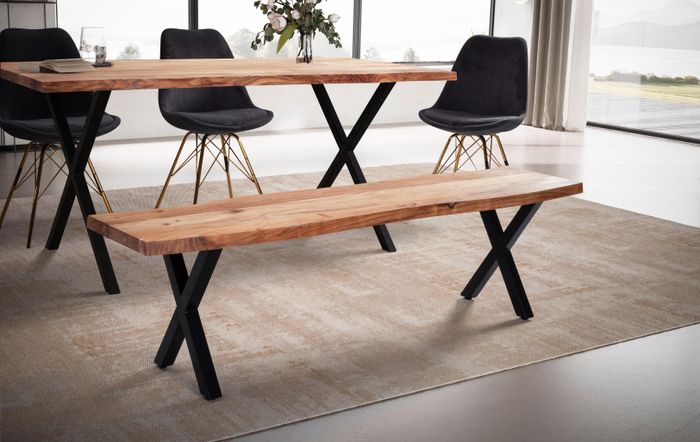 FineBuy Esszimmerbank 180x40x45,5 cm Akazie Massivholz / Metall mit Baumkante, Esstischbank Modern, Holzbank Massiv ohne Lehne, Küchenbank Essbank mit X-Beinen, Sitzbank Esszimmer Groß