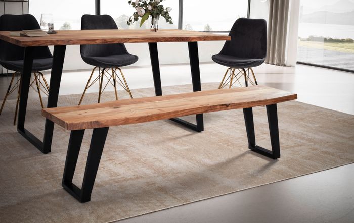 FineBuy Esszimmerbank 180x40x45,5 cm Akazie Massivholz / Metall mit Baumkante, Esstischbank Modern, Holzbank Massiv ohne Lehne, Küchenbank Essbank mit U-Beinen, Sitzbank Esszimmer Groß