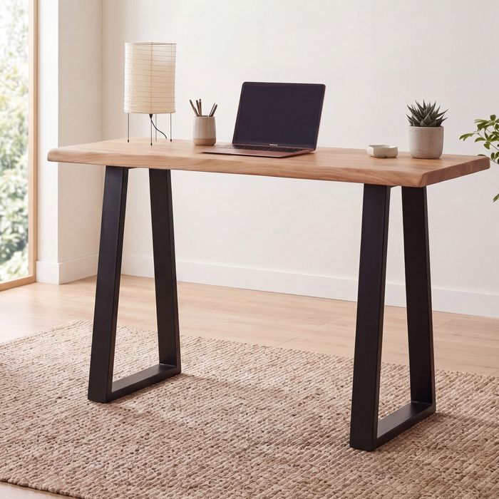 Schreibtisch FineBuy Bürotisch 118 cm Akazie Massivholz Laptoptisch Baumkante