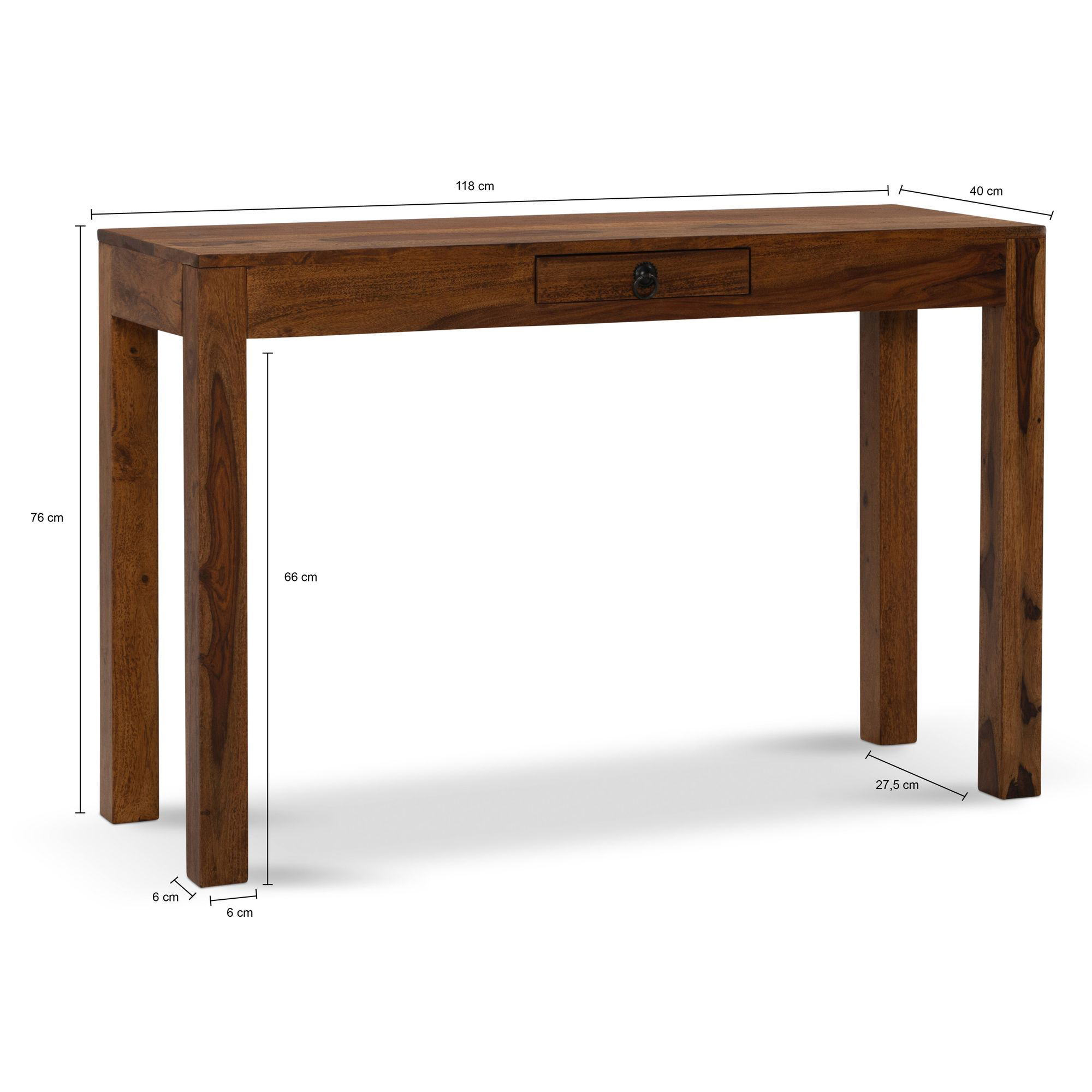 FineBuy Schreibtisch 118x40x76 cm Sheesham Massivholz Computertisch mit Schublade, Homeoffice Bürotisch Massiv Schmal Platzsparend, Holztisch Laptoptisch Arbeitszimmer Stauraum | Farbe: Braun