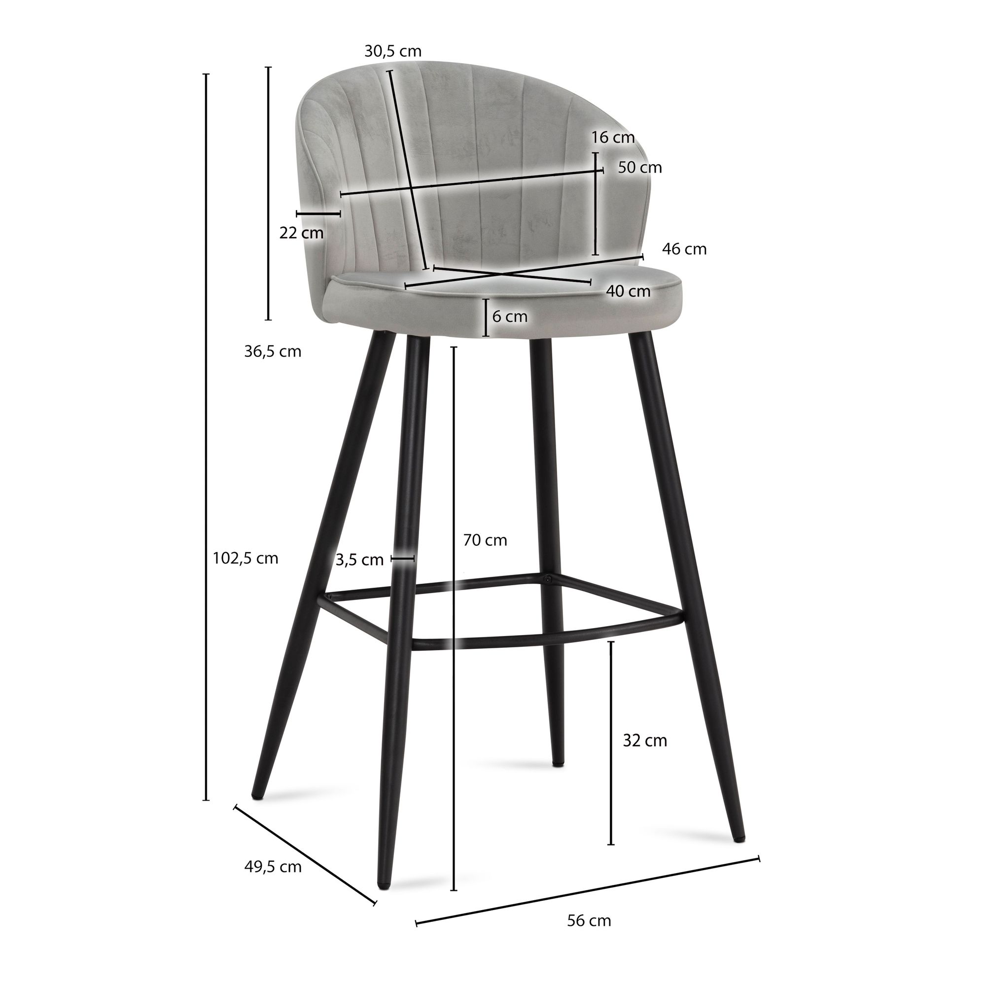 FineBuy 2er Set Barhocker Samt Hocker mit Lehne, Küchenhocker Skandinavisch Stoff / Metall 110 kg, Design Barstuhl Tresenhocker, Bistrohocker Gepolstert | Farbe: Grau