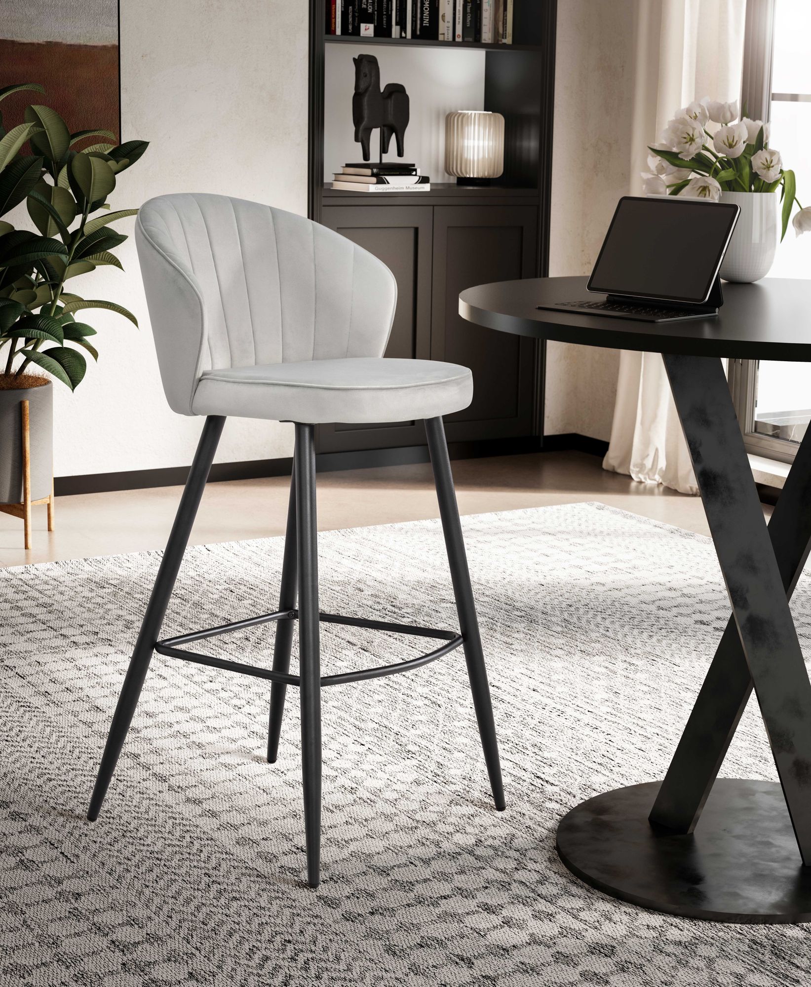 FineBuy 2er Set Barhocker Samt Hocker mit Lehne, Küchenhocker Skandinavisch Stoff / Metall 110 kg, Design Barstuhl Tresenhocker, Bistrohocker Gepolstert | Farbe: Grau
