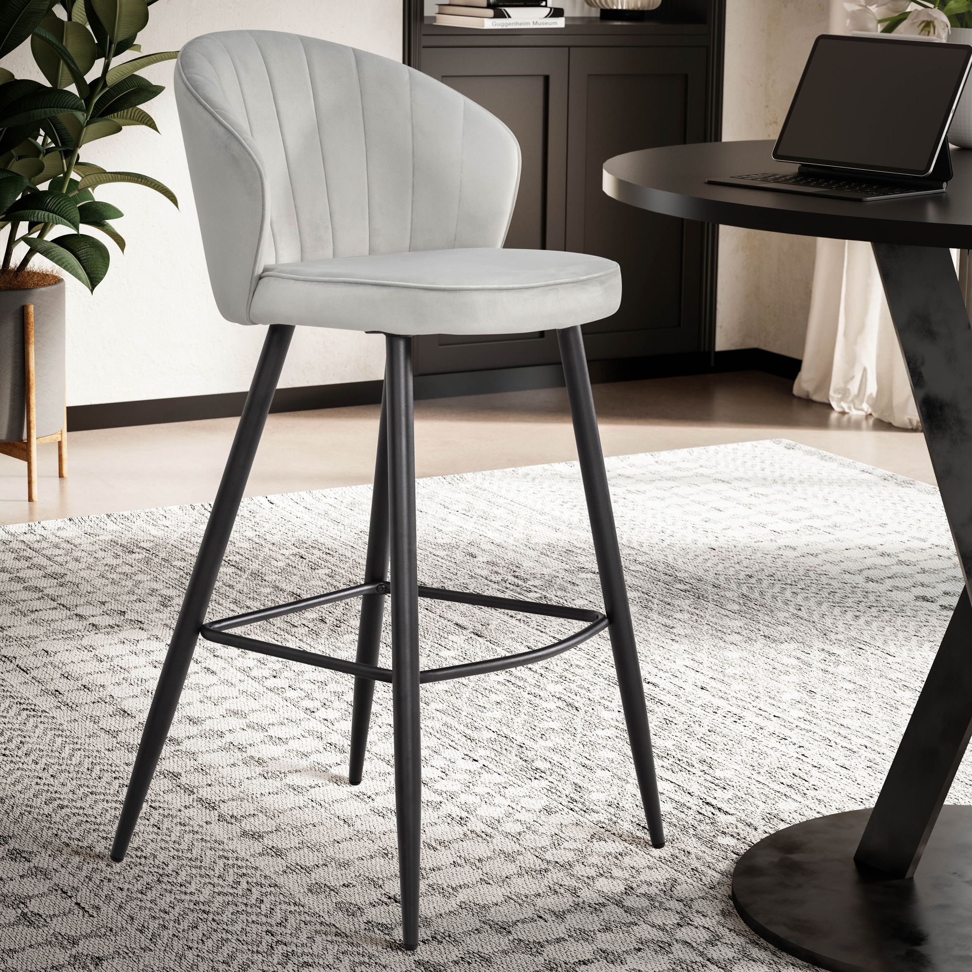 FineBuy 2er Set Barhocker Samt Hocker mit Lehne, Küchenhocker Skandinavisch Stoff / Metall 110 kg, Design Barstuhl Tresenhocker, Bistrohocker Gepolstert | Farbe: Grau