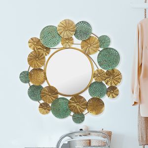 FineBuy Wandspiegel Modern 80x77 cm Metall Design Hängespiegel Gold Patina, Eisen Dekospiegel Rund Ausgefallen, Spiegel Wand Groß, Flurspiegel Garderobenspiegel Modern