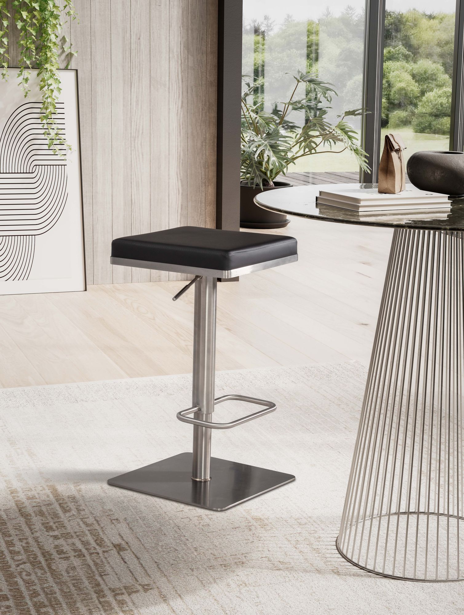 FineBuy Barhocker Schwarz Kunstleder Edelstahl Barstuhl Modern, Design Tresenstuhl Drehbar Gepolstert, Bistrohocker Metall Hoch, Thekenhocker Höhenverstellbar, Hoher Hocker für Bar | Farbe: Schwarz