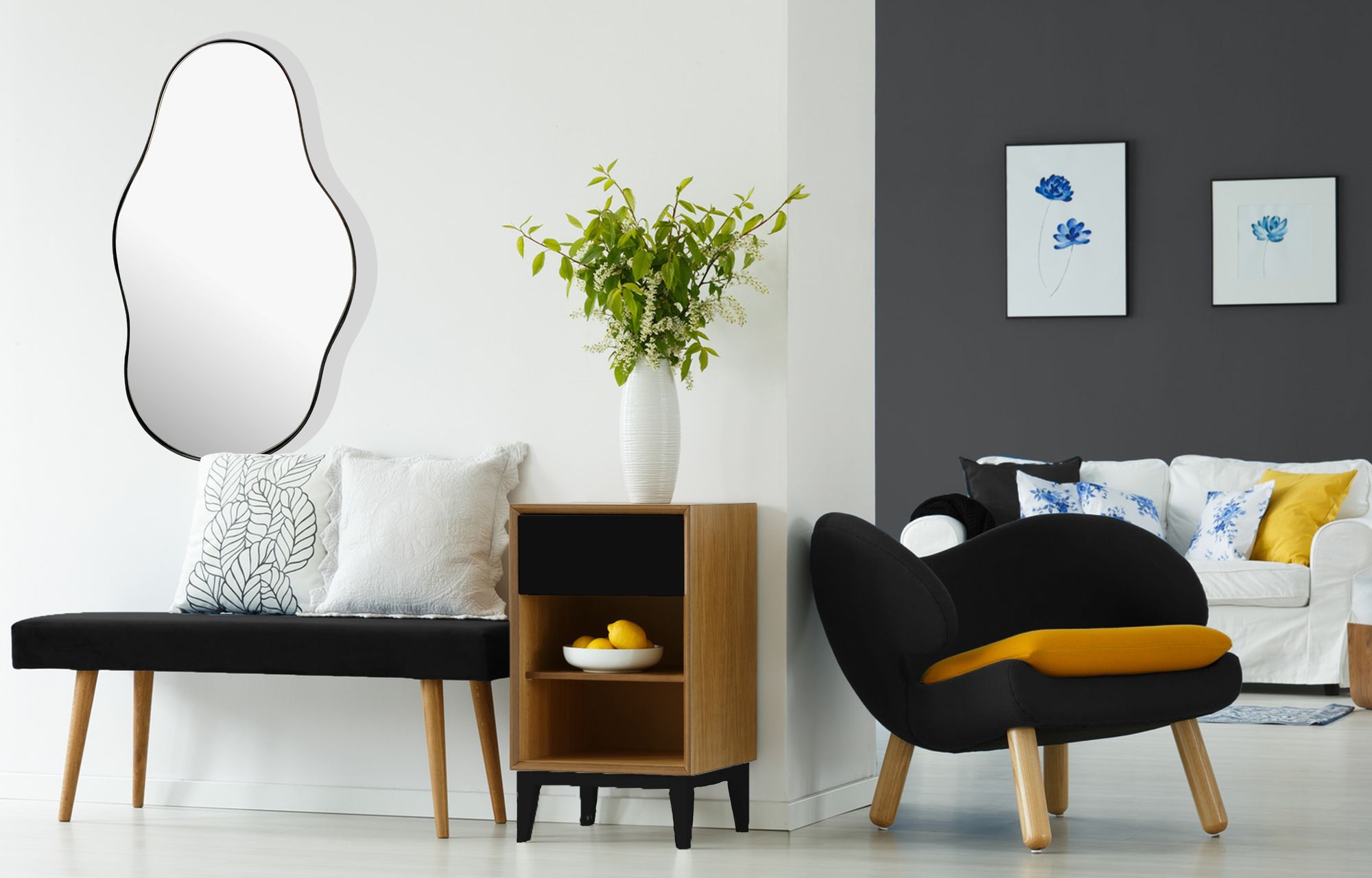 FineBuy Wandspiegel in organischer Form 40x80 cm Metall Design Hängespiegel Schwarz, Eisen Dekospiegel Unförmig mit Rahmen, Spiegel Wand Groß, Flurspiegel Garderobenspiegel Modern | Farbe: Schwarz