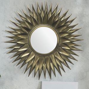 FineBuy Wandspiegel Sonne 74 cm Metall Design Hängespiegel Messing Antik, Eisen Dekospiegel Rund, Spiegel Wand Groß, Flurspiegel Garderobenspiegel Modern