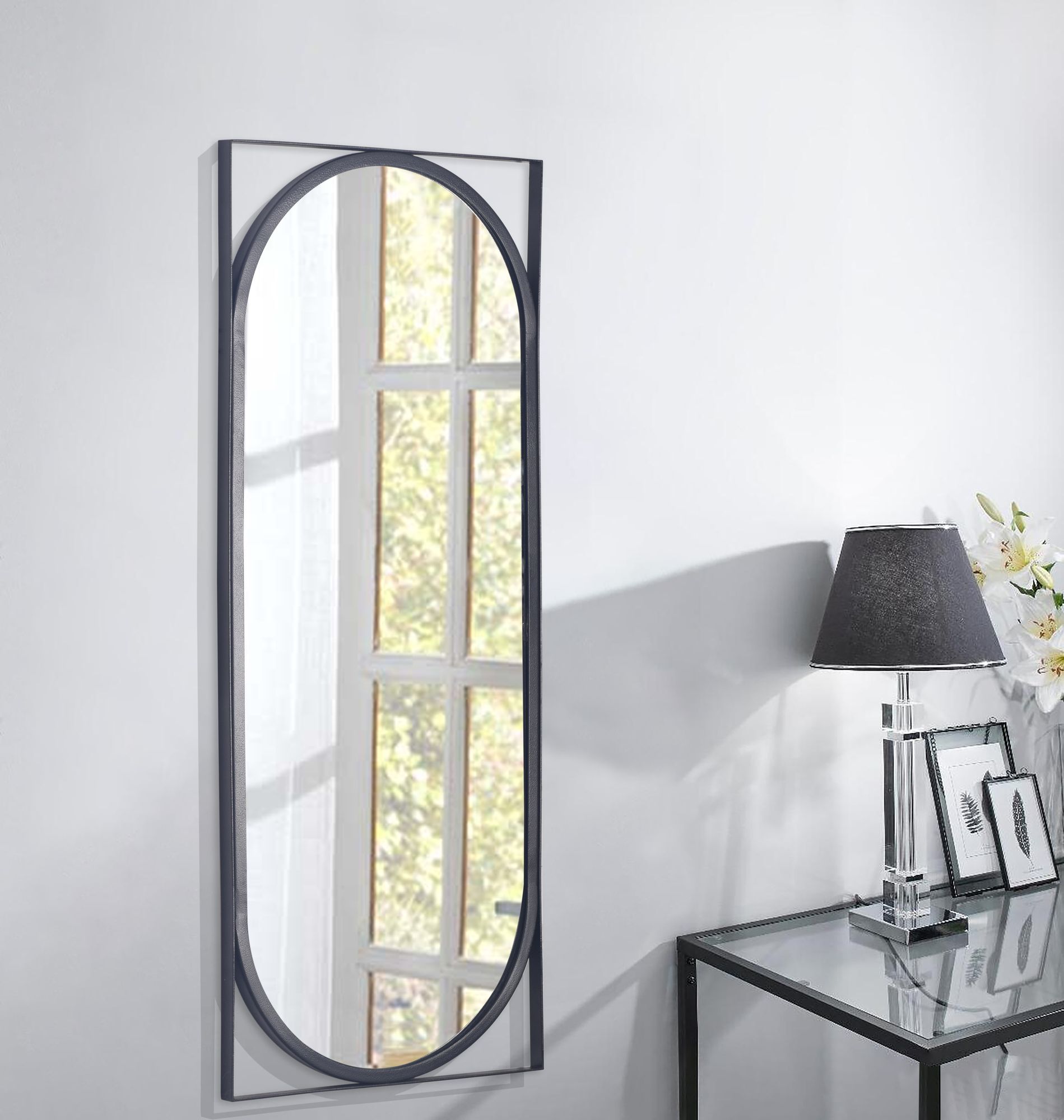 FineBuy Wandspiegel 37x91 cm Metall Design Hängespiegel Schwarz, Eisen Dekospiegel Rechteckig mit Rahmen, Spiegel Wand Groß, Flurspiegel Länglich, Garderobenspiegel Modern | Farbe: Schwarz