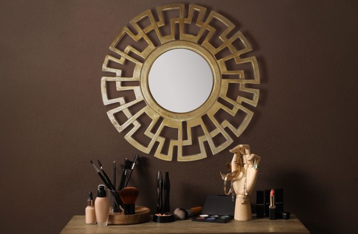 FineBuy Wandspiegel Art déco 60 cm Metall Design Hängespiegel Gold, Aluminium Dekospiegel Rund mit Rahmen, Spiegel Wand Groß, Flurspiegel Garderobenspiegel Modern