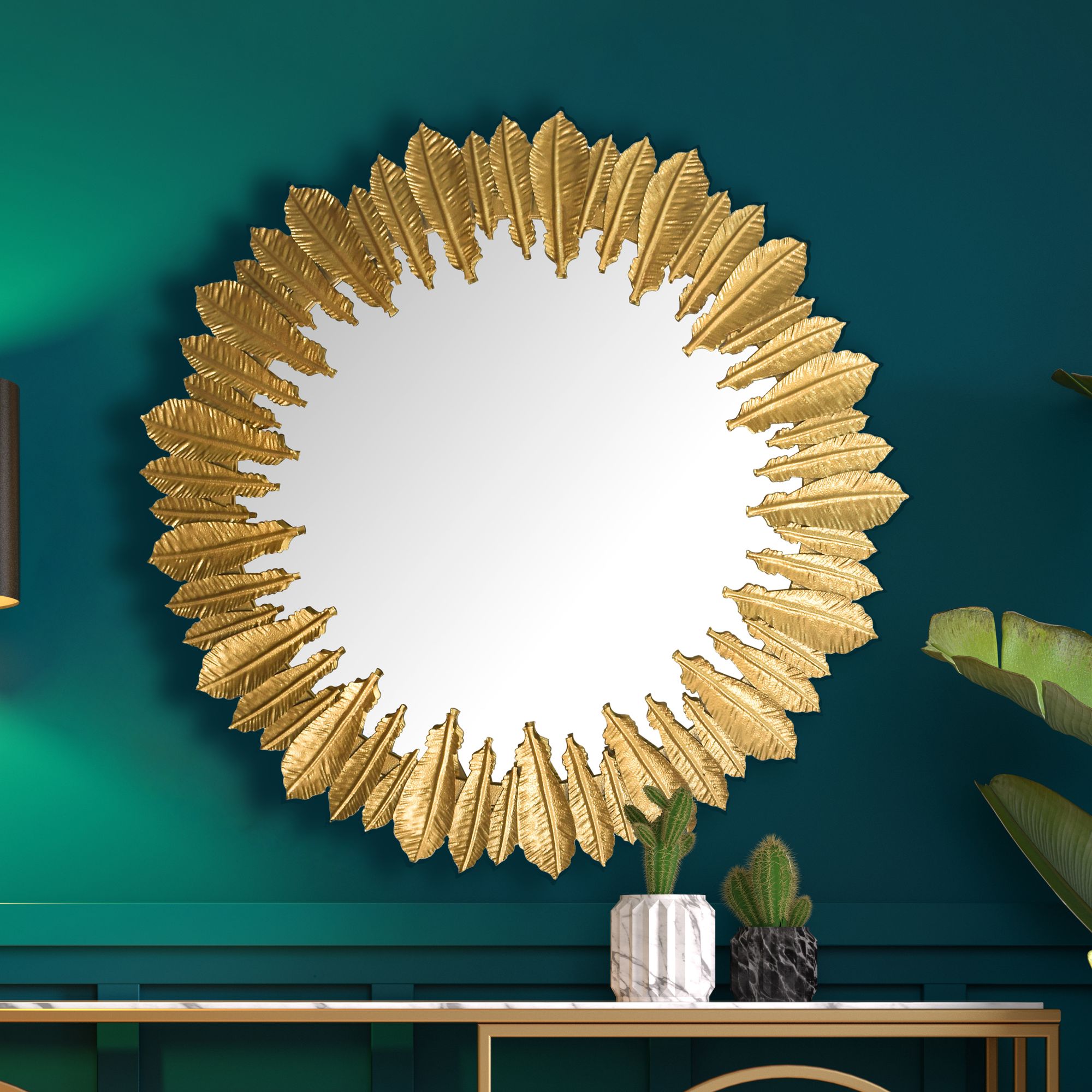 FineBuy Wandspiegel Federn 68 cm Metall Design Hängespiegel Gold, Eisen Dekospiegel Rund, Spiegel Wand Groß, Flurspiegel Garderobenspiegel Modern | Farbe: Gold