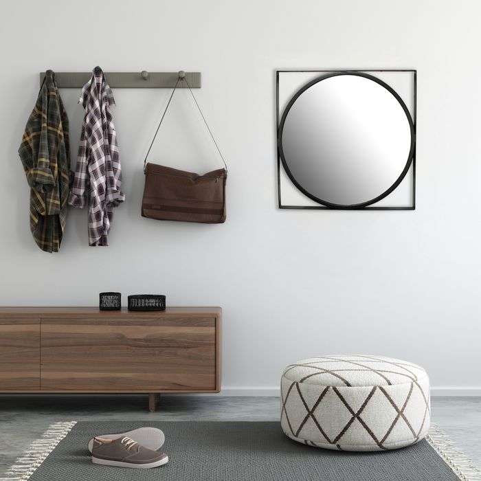 FineBuy Wandspiegel 54x54 cm Metall Design Hängespiegel Schwarz, Eisen Dekospiegel Rund mit quadratischem Rahmen, Spiegel Wand Klein, Flurspiegel Garderobenspiegel Modern