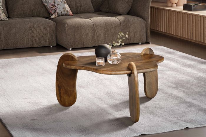 FineBuy Couchtisch 78x78x39,5 cm Mango Massivholz Walnussfarben Sofatisch Niedrig, Dreibein Wohnzimmertisch Organisch, Design Kaffeetisch Wohnzimmer Modern mit natürlicher Holzmaserung